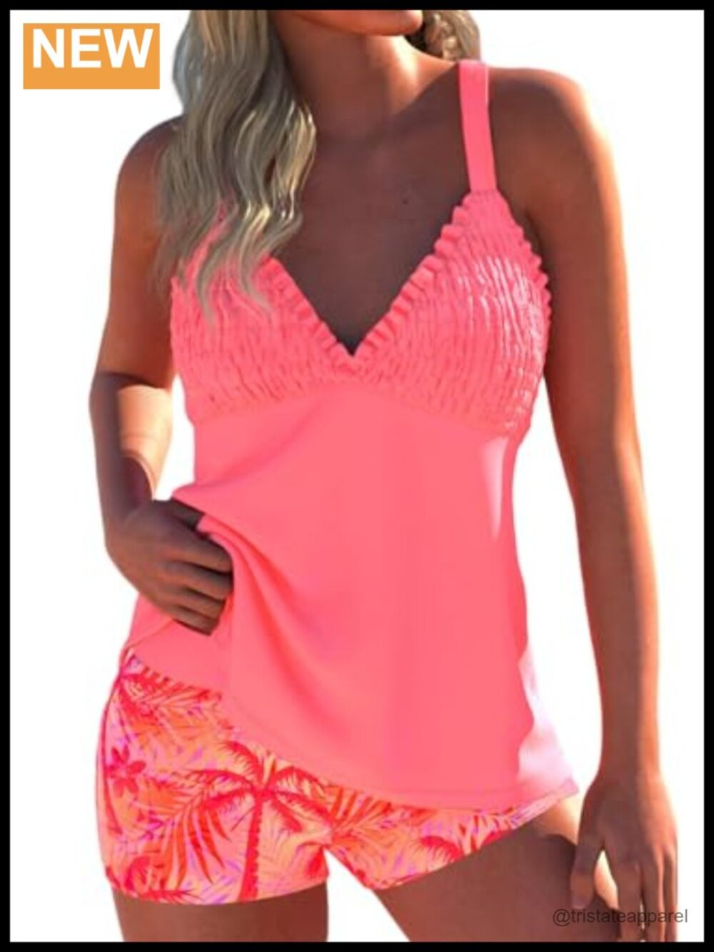 Women's Tankini Bathing Suit Set with Shorts V-Neck Smocked Swimwear